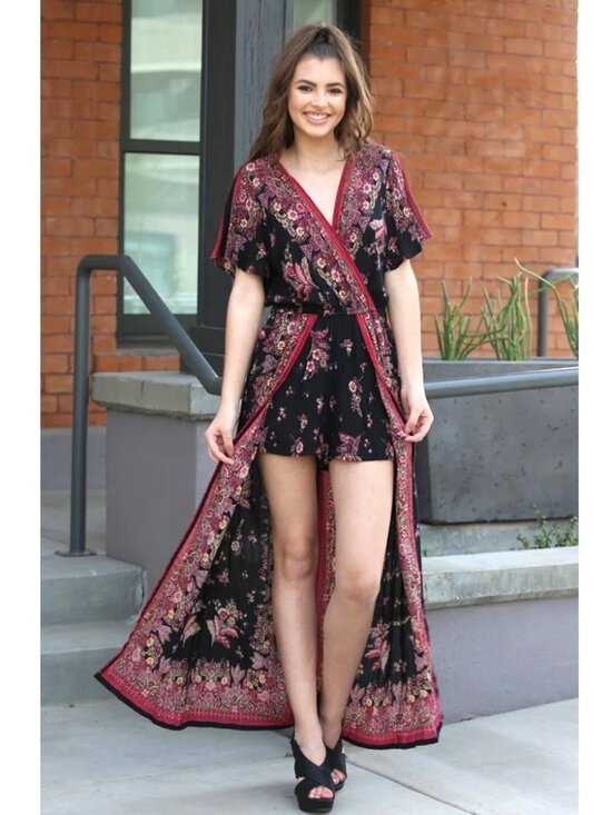 Angie Pants - Maxi-romper. Black Floral Print. Size Large. Angie Brand.